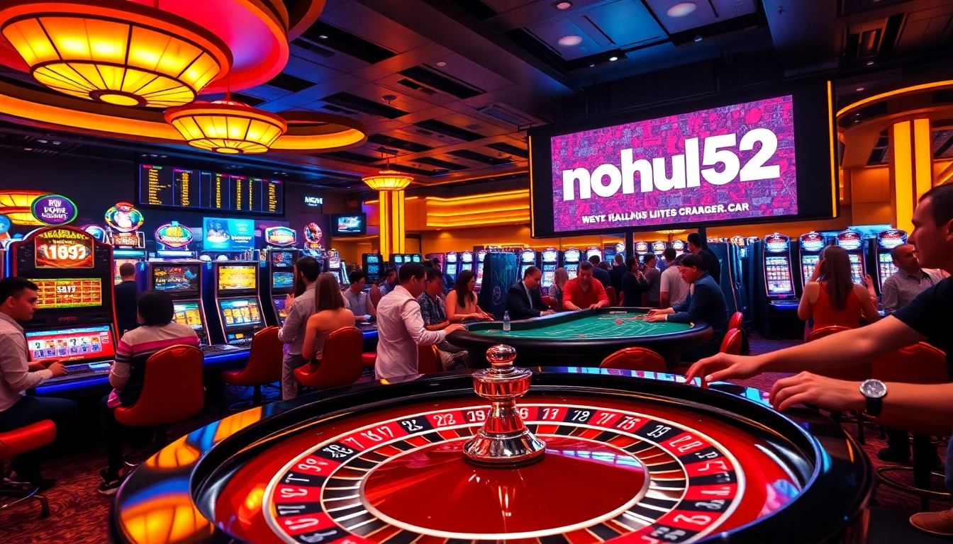 Experience the thrill of nohu52 at a bustling casino, with players enjoying roulette and slots.
